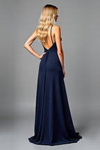 Long Ruched Navy V-Neck Formal Dress with Slit