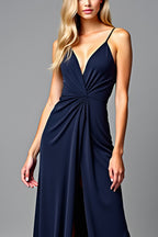 Long Ruched Navy V-Neck Formal Dress with Slit