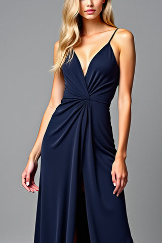 Long Ruched Navy V-Neck Formal Dress with Slit