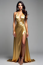 Halter Long Golden V-Neck Formal Dress with Slit