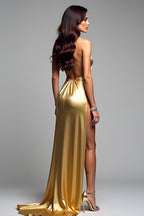 Halter Long Golden V-Neck Formal Dress with Slit