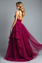 Tiered Asymmetrical Chiffon Burgundy A Line Formal Dress