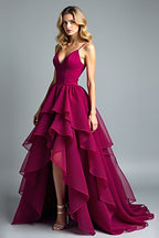 Tiered Asymmetrical Chiffon Burgundy A Line Formal Dress