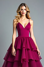 Tiered Asymmetrical Chiffon Burgundy A Line Formal Dress