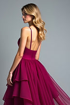 Tiered Asymmetrical Chiffon Burgundy A Line Formal Dress