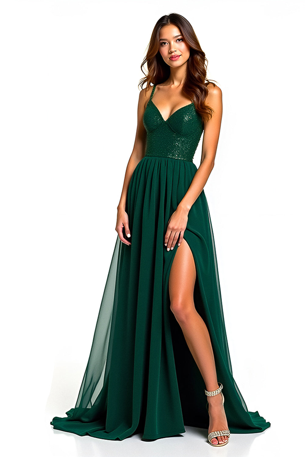 Long Beaded Dark Green Tulle Formal Dress with Slit