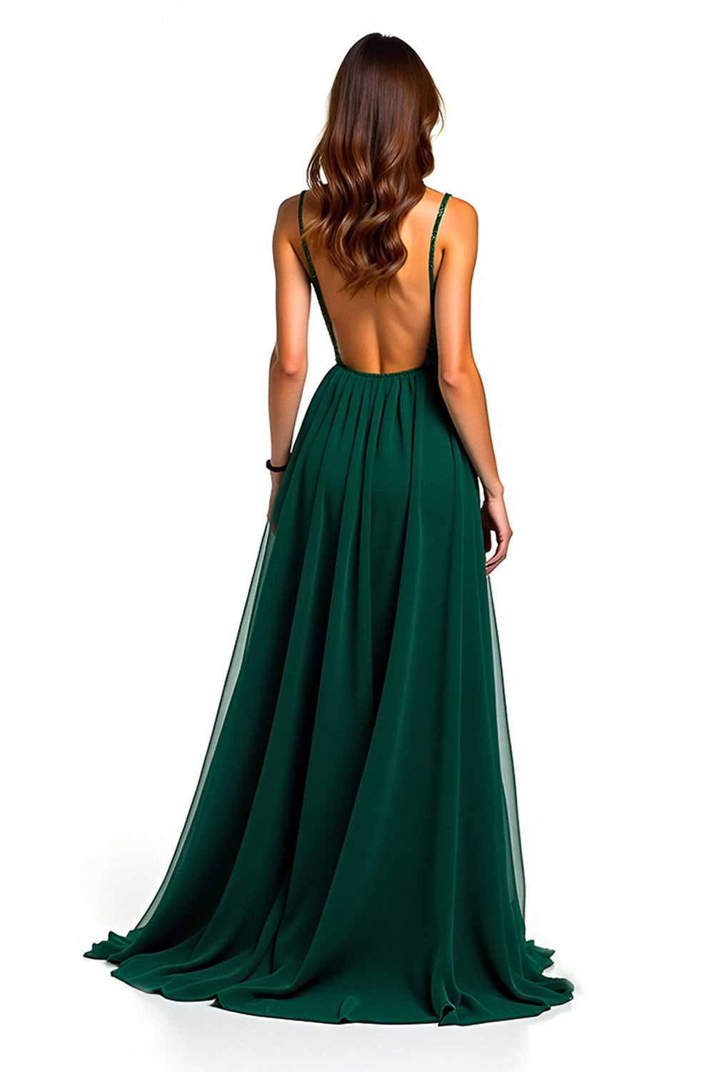 Long Beaded Dark Green Tulle Formal Dress with Slit