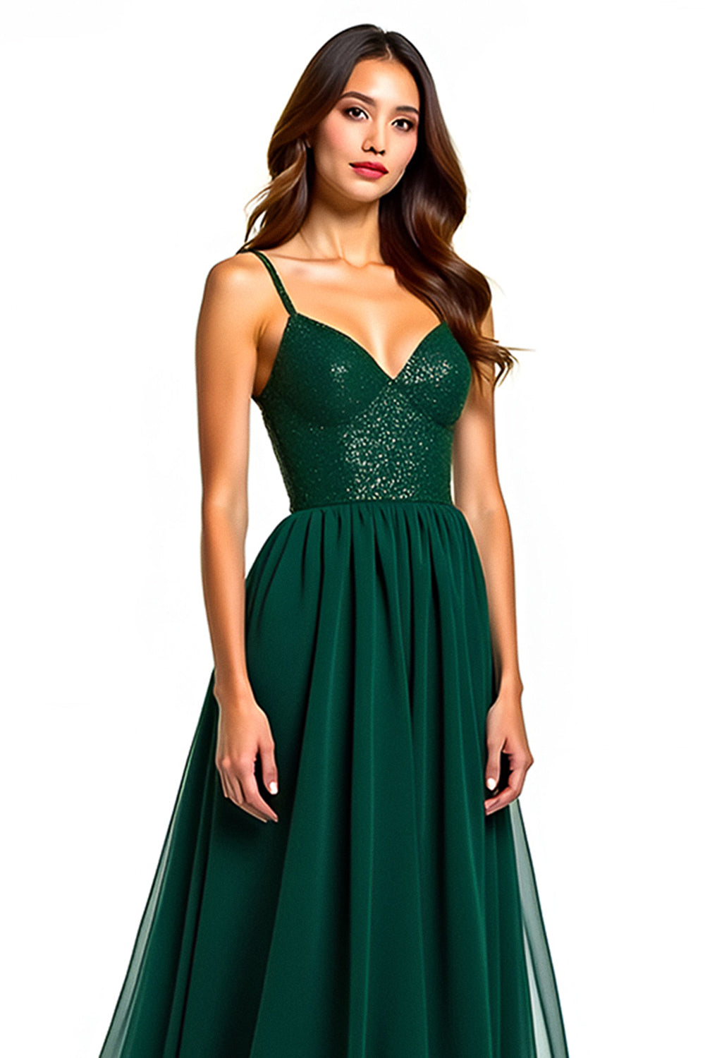 Long Beaded Dark Green Tulle Formal Dress with Slit