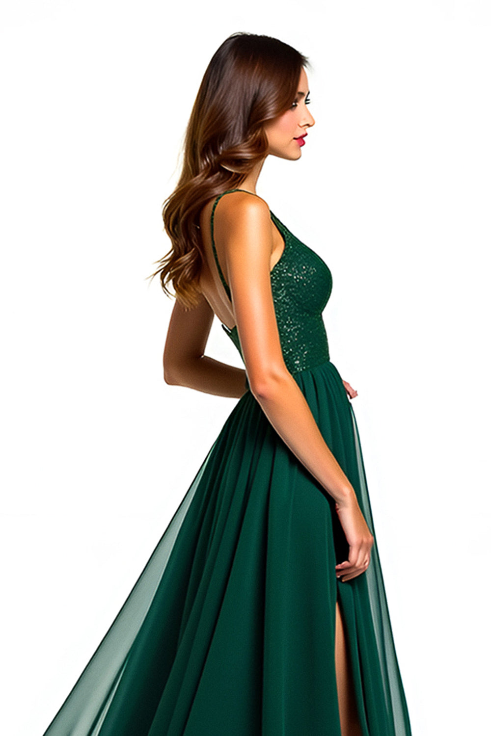 Long Beaded Dark Green Tulle Formal Dress with Slit