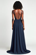 Navy Ruched A Line Long Wedding Guest Dress