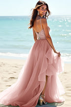 Beaded Long Blush A Line Tulle Wedding Guest Dress