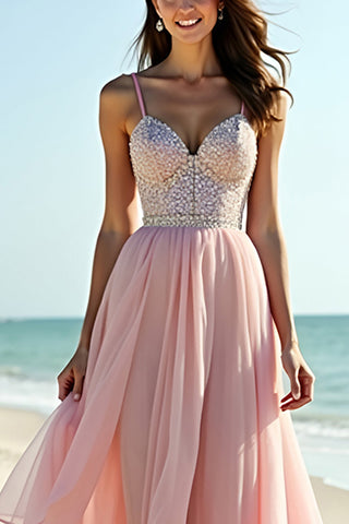 Beaded Long Blush A Line Tulle Wedding Guest Dress