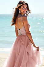 Beaded Long Blush A Line Tulle Wedding Guest Dress