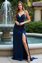 Long Chiffon Navy Sheath Wedding Guest Dress with Slit