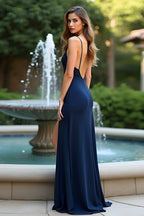 Long Chiffon Navy Sheath Wedding Guest Dress with Slit