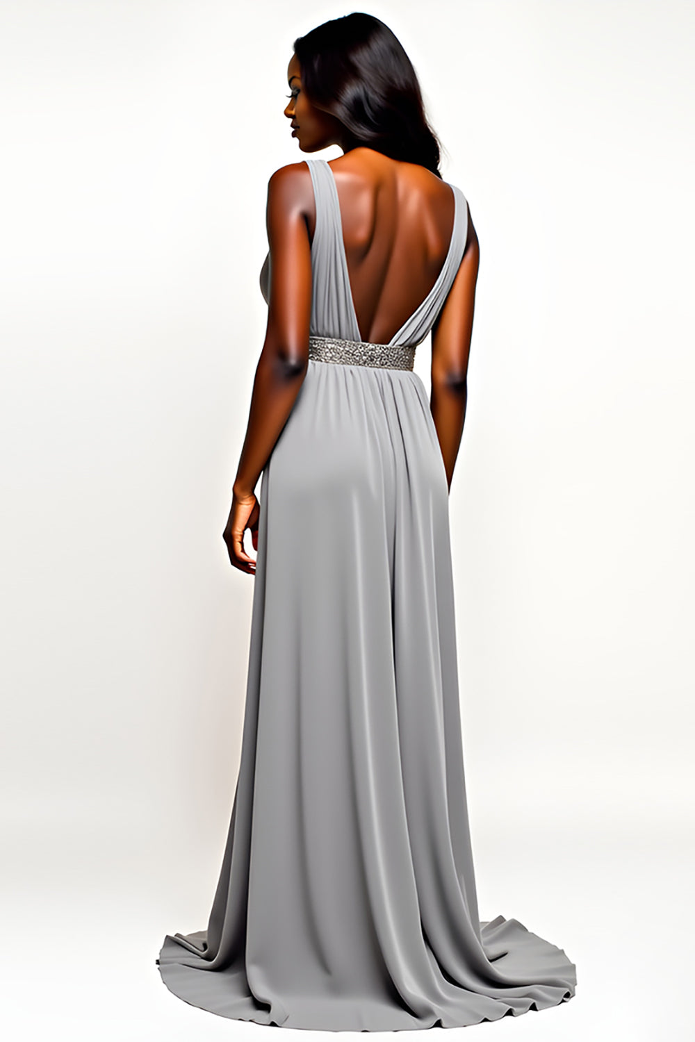 Long Chiffon Grey V-Neck Wedding Guest Dress with Beading