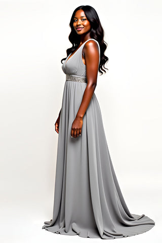 Long Chiffon Grey V-Neck Wedding Guest Dress with Beading