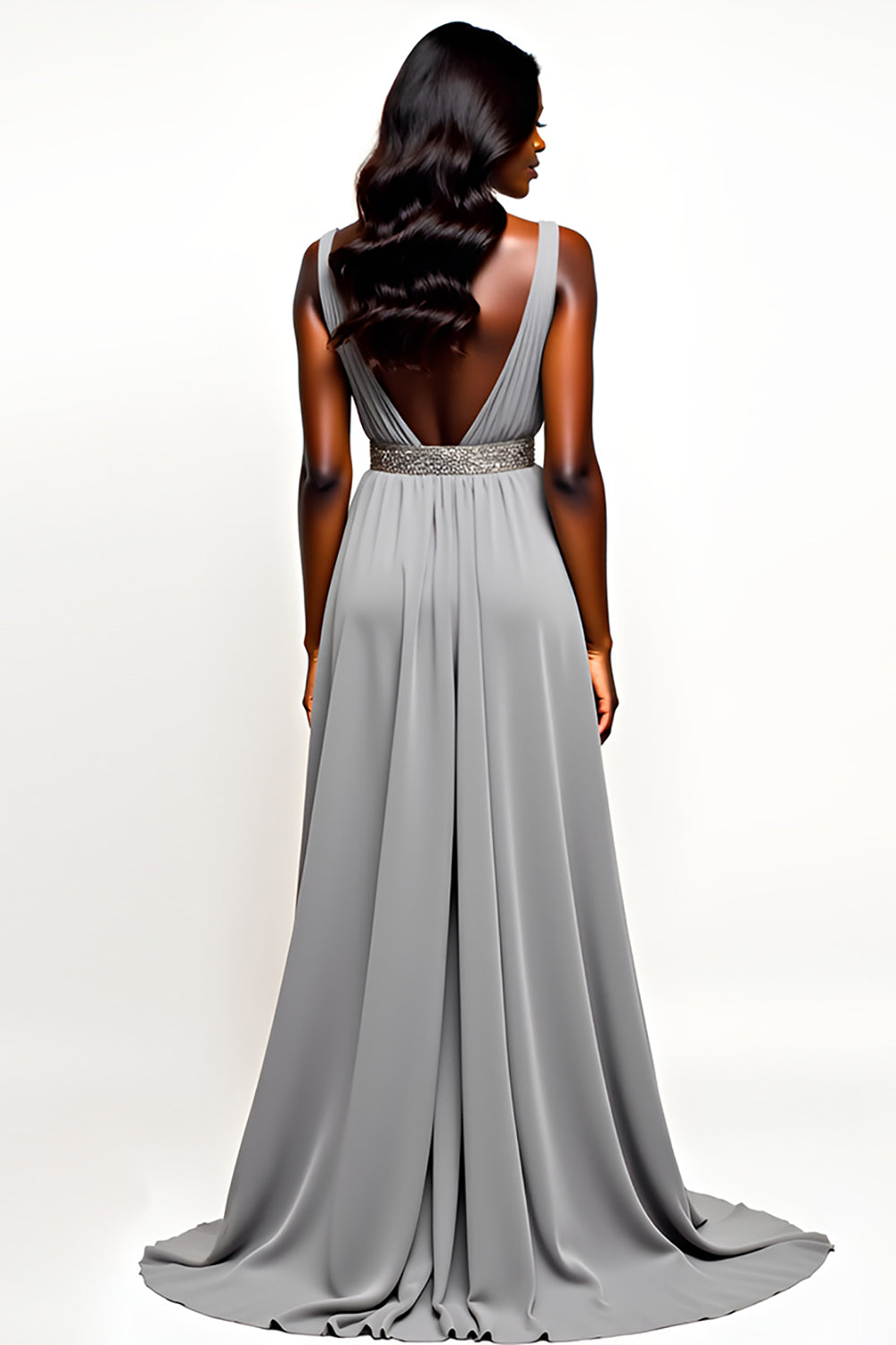 Long Chiffon Grey V-Neck Wedding Guest Dress with Beading