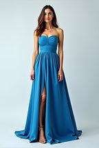 Ruched Long Blue Strapless Wedding Guest Dress with Slit