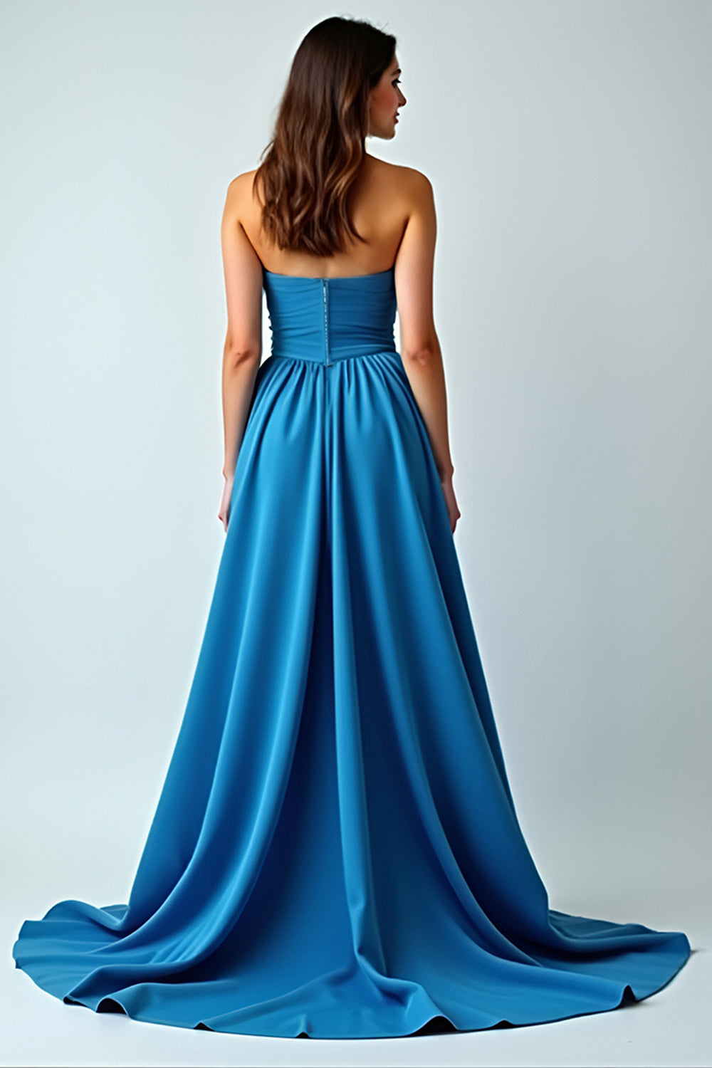Ruched Long Blue Strapless Wedding Guest Dress with Slit