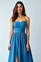 Ruched Long Blue Strapless Wedding Guest Dress with Slit