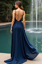 Navy A Line Long Chiffon Spaghetti Straps Wedding Guest Dress