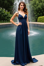 Navy A Line Long Chiffon Spaghetti Straps Wedding Guest Dress