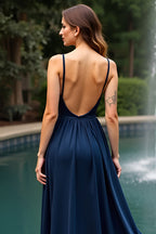 Navy A Line Long Chiffon Spaghetti Straps Wedding Guest Dress