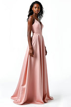 Spaghetti Straps Blush A Line Long Satin Wedding Guest Dress