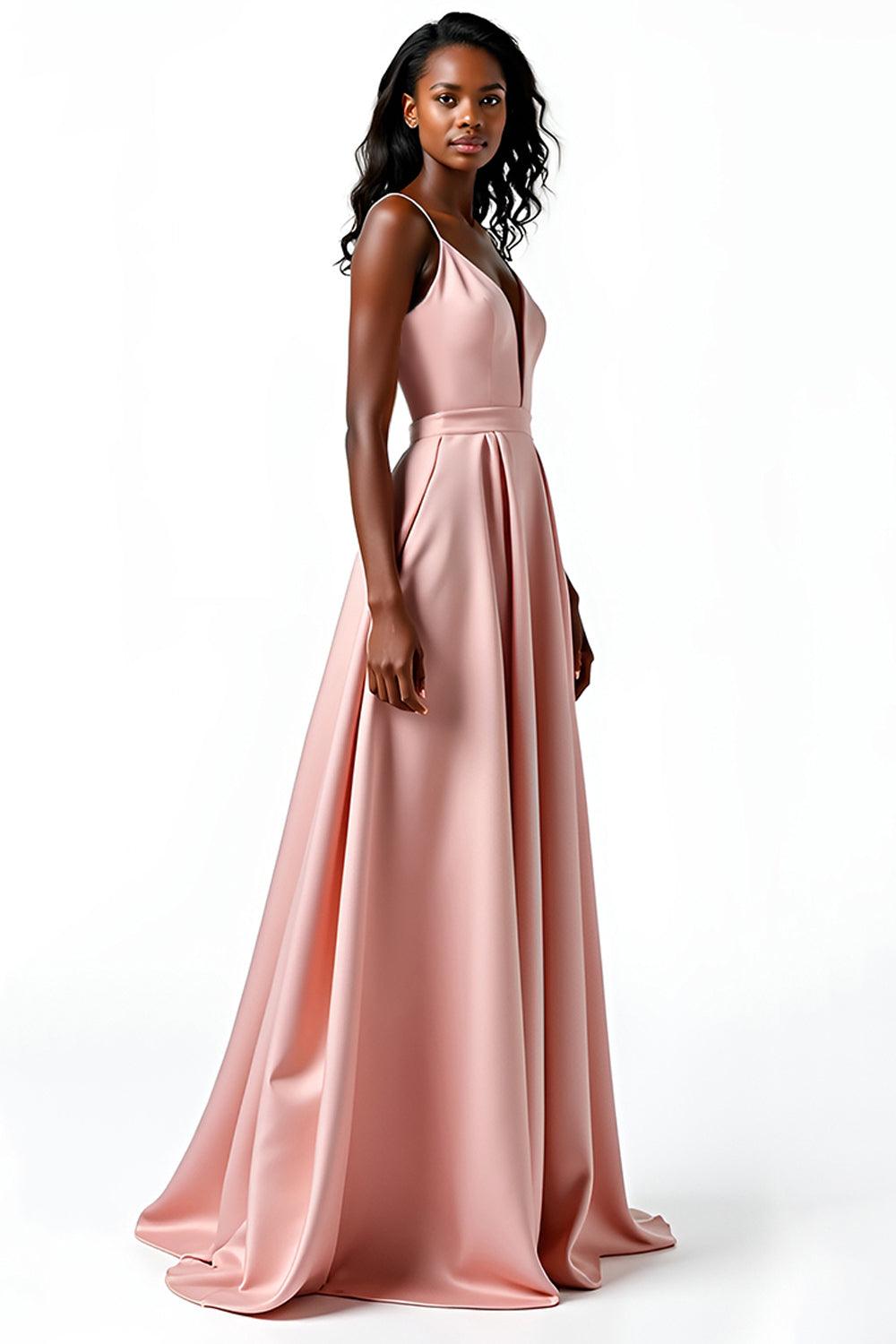 Spaghetti Straps Blush A Line Long Satin Wedding Guest Dress