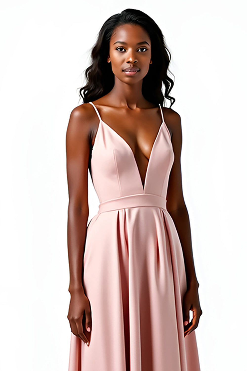 Spaghetti Straps Blush A Line Long Satin Wedding Guest Dress