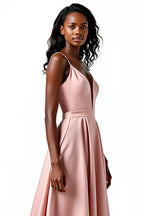 Spaghetti Straps Blush A Line Long Satin Wedding Guest Dress