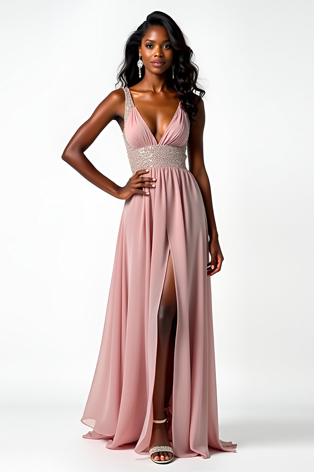 Long Chiffon Blush A Line Beaded Wedding Guest Dress with Slit