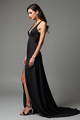 A Line Ruched Black Deep V-Neck Long Black Tie Dress