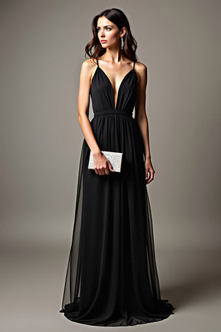 Tulle Ruched Black Deep V-Neck Long Black Tie Dress
