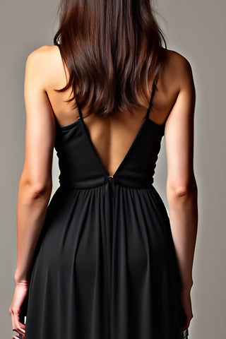 Tulle Ruched Black Deep V-Neck Long Black Tie Dress