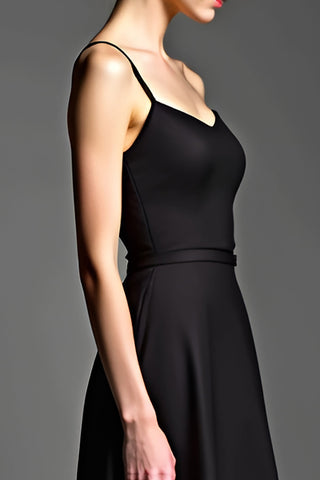 Satin Black Spaghetti Straps Long Black Tie Dress