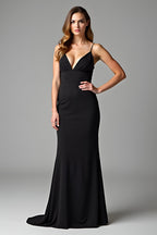 Sheath Black Deep V-Neck Long Black Tie Dress