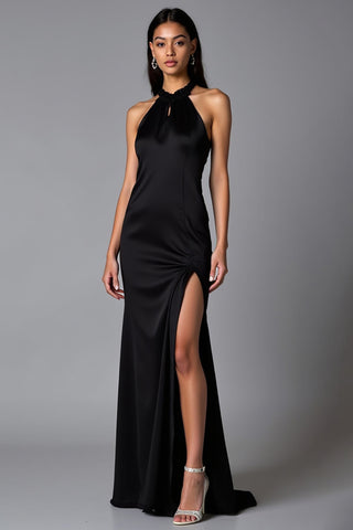Black Halter Sheath Long Formal Dress with Slit