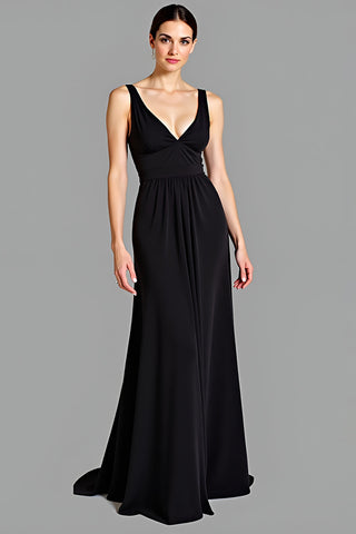 A-Linien-Kleid mit V-Ausschnitt, gerüschtem, langem schwarzen Bindekleid