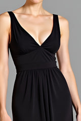A Line Black V-Neck Ruched Long Black Tie Dress