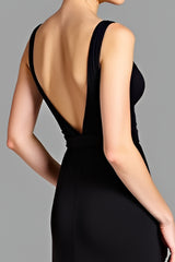 A Line Black V-Neck Ruched Long Black Tie Dress
