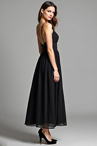 Spaghetti Straps Black V-Neck Tea-Length Black Tie Dress