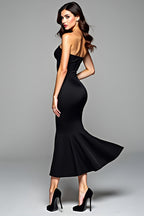 Strapless Black Satin Tea-Length Black Tie Dress with Slit