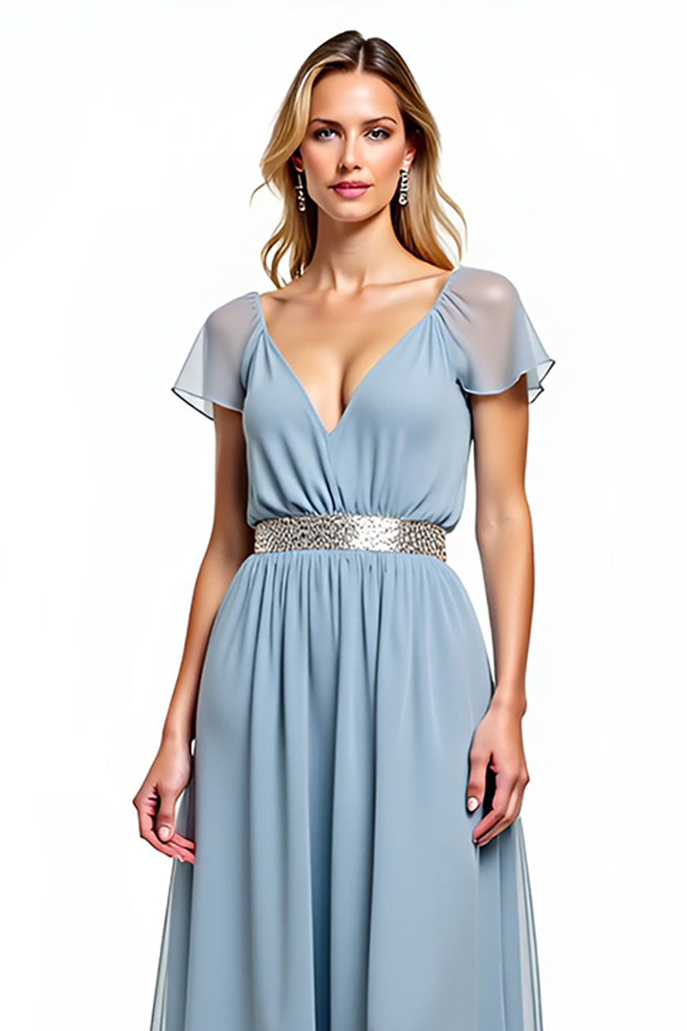 Dusty Blue A Line V-Neck Long Wedding Guest Dress with Short Sleeves