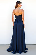 Sweetheart Navy A Line Ruched Long Wedding Guest Dress