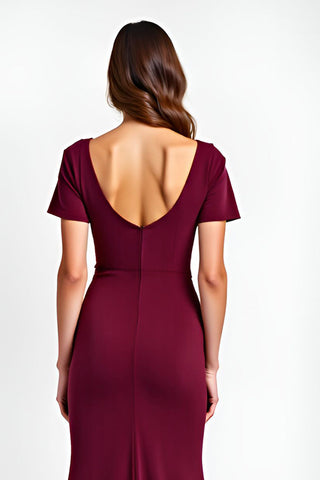 Burgundy V-Neck Short Sleeves Long Formal Dress
