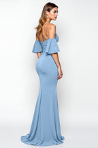 Vestido formal comprido azul-poeira com folhos e bainha