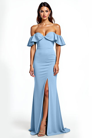 Dusty Blue Off the Shoulder Ruffled Long Wedding Guest Dress with Slit