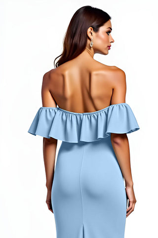 Dusty Blue Off the Shoulder Ruffled Long Wedding Guest Dress with Slit
